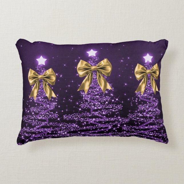 Christmas Sparkling Trees Purple Faux Gold Bow  Accent Kussen (Voorkant)