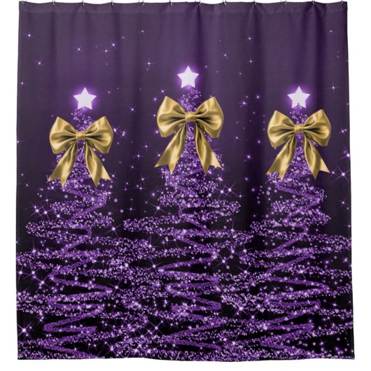 Christmas Sparkling Trees Purple Faux Gold Bow Douchegordijn (Voorkant)