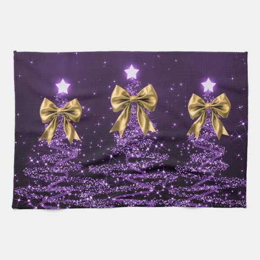 Christmas Sparkling Trees Purple Faux Gold Bow  Theedoek (Horizontaal)