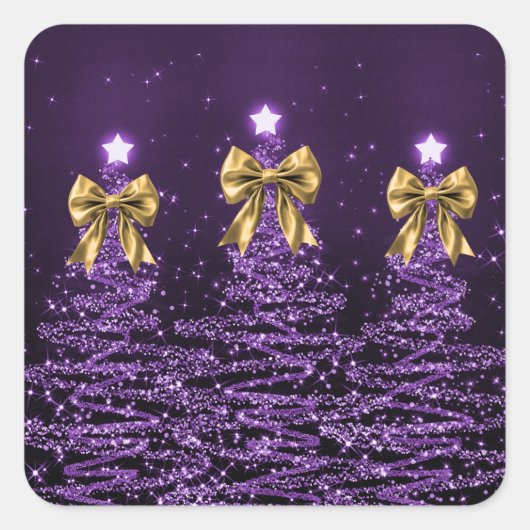 Christmas Sparkling Trees Purple Faux Gold Bow Vierkante Sticker (Voorkant)