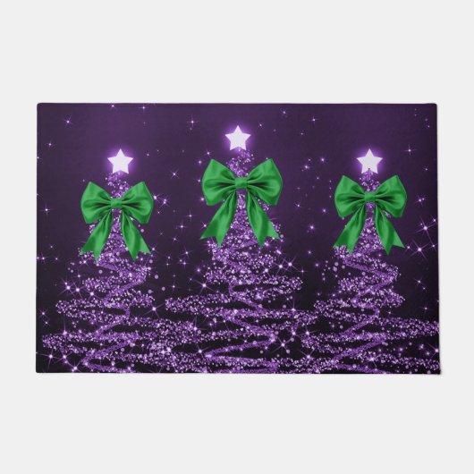 Christmas Sparkling Trees Purple Faux Green Bow Deurmat (Voorkant)