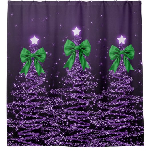 Christmas Sparkling Trees Purple Faux Green Bow Douchegordijn (Voorkant)