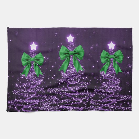 Christmas Sparkling Trees Purple Faux Green Bow  Theedoek (Horizontaal)
