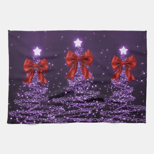 Christmas Sparkling Trees Purple Faux Red Bow Theedoek (Horizontaal)