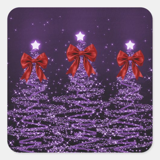 Christmas Sparkling Trees Purple Faux Red Bow  Vierkante Sticker (Voorkant)