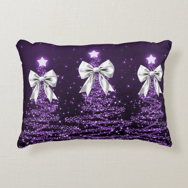 Christmas Sparkling Trees Purple Faux Silver Bow  Accent Kussen (Voorkant)