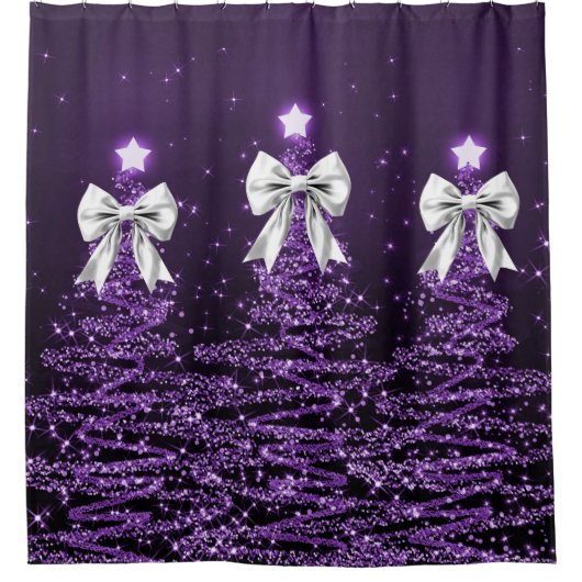 Christmas Sparkling Trees Purple Faux Silver Bow Douchegordijn (Voorkant)