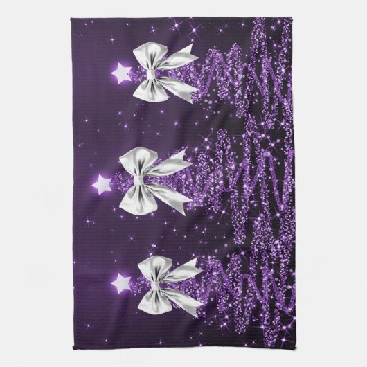 Christmas Sparkling Trees Purple Faux Silver Bow  Theedoek (Verticaal)