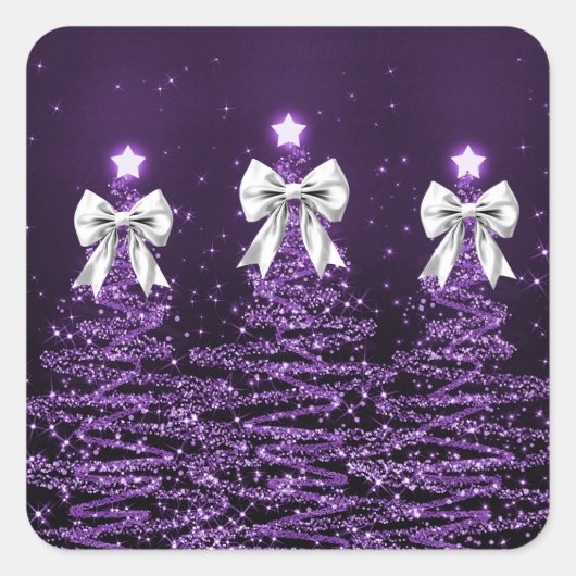 Christmas Sparkling Trees Purple Faux Silver Bow Vierkante Sticker (Voorkant)