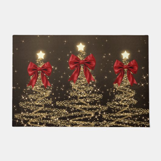 Christmas Sparkling Trees Red Gold Faux Bow Deurmat (Voorkant)