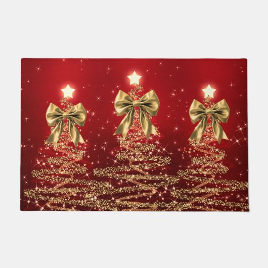 Christmas Sparkling Trees Red Gold Faux Bow  Deurmat (Voorkant)