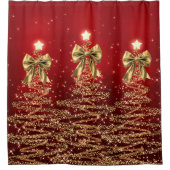 Christmas Sparkling Trees Red Gold Faux Bow  Douchegordijn (Voorkant)