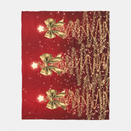 Christmas Sparkling Trees Red Gold Faux Bow  Fleece Deken (Voorkant)