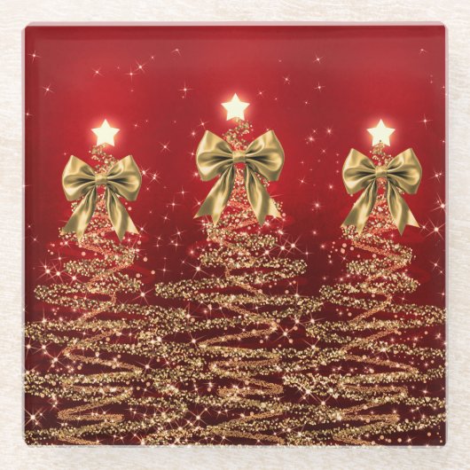 Christmas Sparkling Trees Red Gold Faux Bow  Glazen Onderzetter (Voorkant)