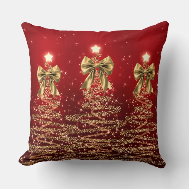 Christmas Sparkling Trees Red Gold Faux Bow  Kussen (Voorkant)