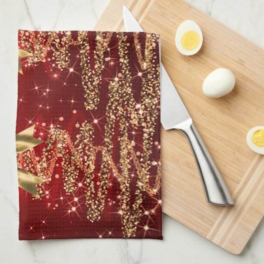 Christmas Sparkling Trees Red Gold Faux Bow  Theedoek (Quarter Fold)