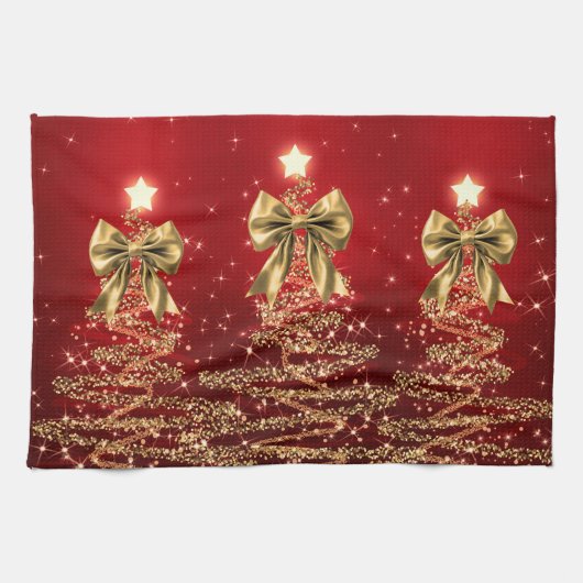 Christmas Sparkling Trees Red Gold Faux Bow  Theedoek (Horizontaal)