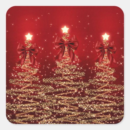 Christmas Sparkling Trees Red Gold Faux Bow Vierkante Sticker (Voorkant)