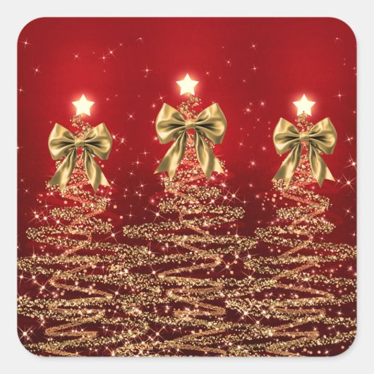 Christmas Sparkling Trees Red Gold Faux Bow  Vierkante Sticker (Voorkant)