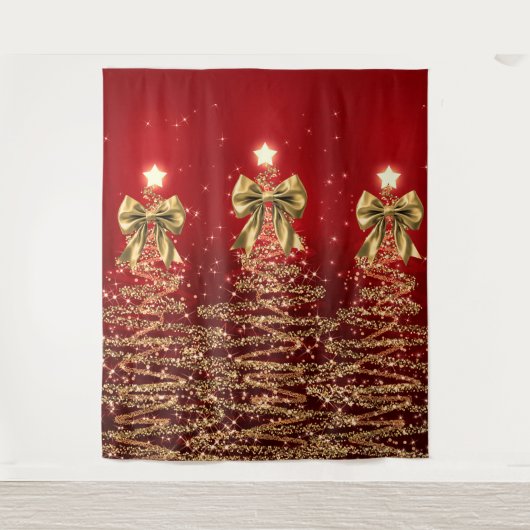 Christmas Sparkling Trees Red Gold Faux Bow Wandkleed (Voorkant)