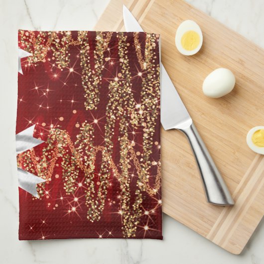 Christmas Sparkling Trees Red Gold Silver Bow Theedoek (Quarter Fold)