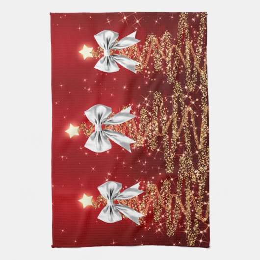 Christmas Sparkling Trees Red Gold Silver Bow  Theedoek (Verticaal)