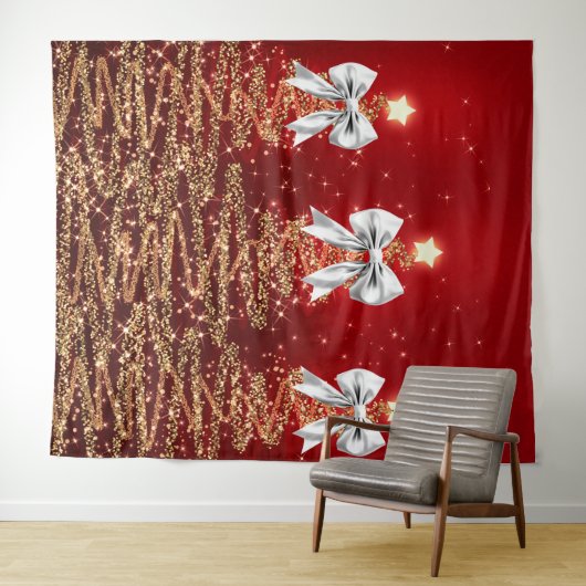Christmas Sparkling Trees Red Gold Silver Bow Wandkleed (In Situ (horizontaal))