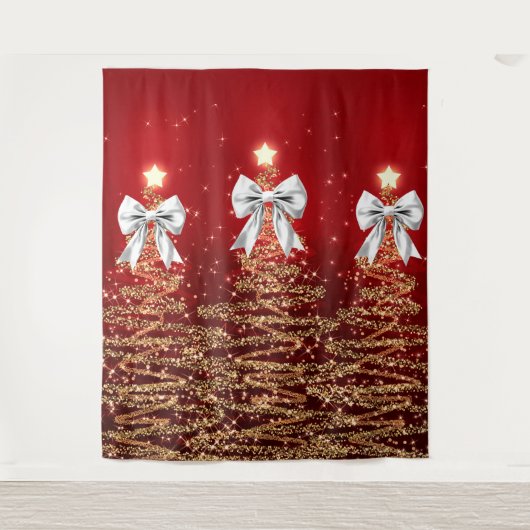 Christmas Sparkling Trees Red Gold Silver Bow Wandkleed (Voorkant)