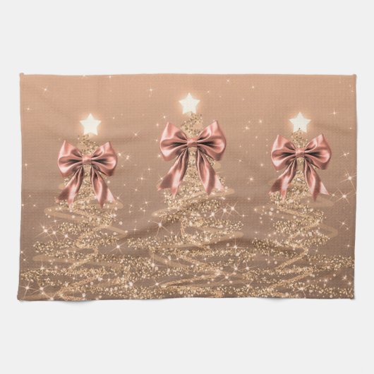 Christmas Sparkling Trees Rose Gold Faux Bow  Theedoek (Horizontaal)