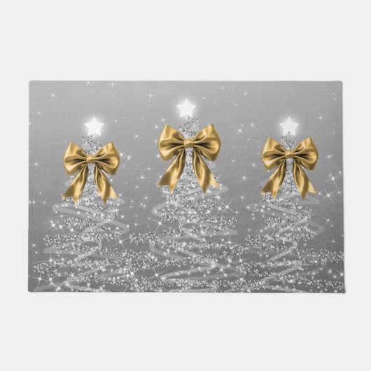 Christmas Sparkling Trees Silver Faux Gold Bow Deurmat (Voorkant)