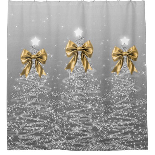 Christmas Sparkling Trees Silver Faux Gold Bow  Douchegordijn (Voorkant)