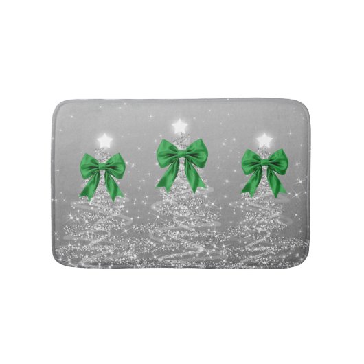 Christmas Sparkling Trees Silver Faux Green Bow Badmat (Voorkant)
