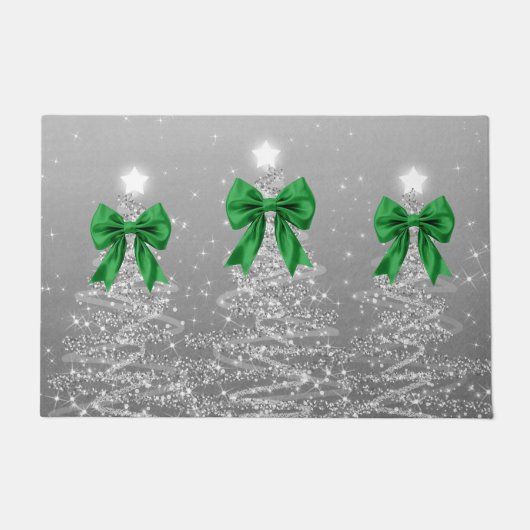 Christmas Sparkling Trees Silver Faux Green Bow Deurmat (Voorkant)