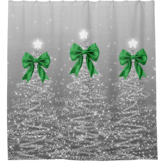 Christmas Sparkling Trees Silver Faux Green Bow  Douchegordijn (Voorkant)