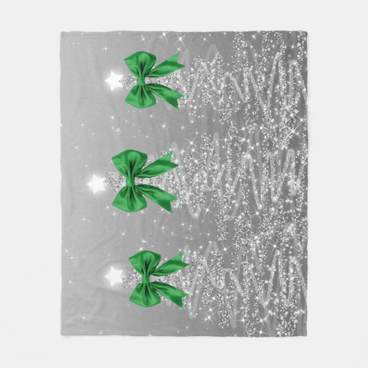 Christmas Sparkling Trees Silver Faux Green Bow Fleece Deken (Voorkant)