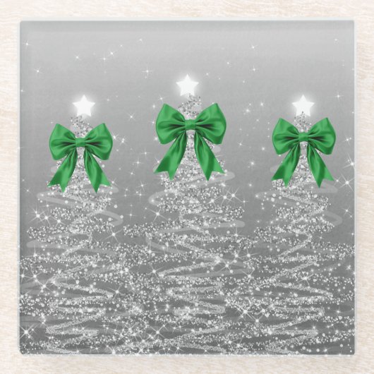 Christmas Sparkling Trees Silver Faux Green Bow Glazen Onderzetter (Voorkant)