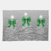 Christmas Sparkling Trees Silver Faux Green Bow Theedoek (Horizontaal)