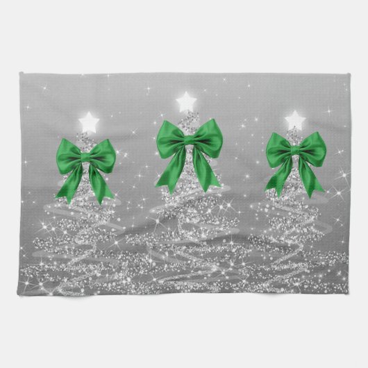 Christmas Sparkling Trees Silver Faux Green Bow Theedoek (Horizontaal)
