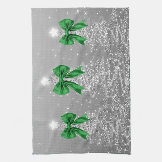 Christmas Sparkling Trees Silver Faux Green Bow Theedoek (Verticaal)
