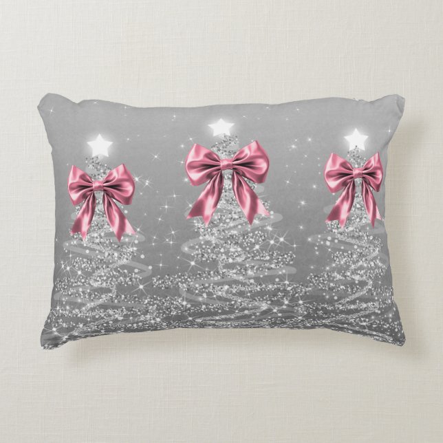 Christmas Sparkling Trees Silver Faux Pink Bow  Accent Kussen (Voorkant)
