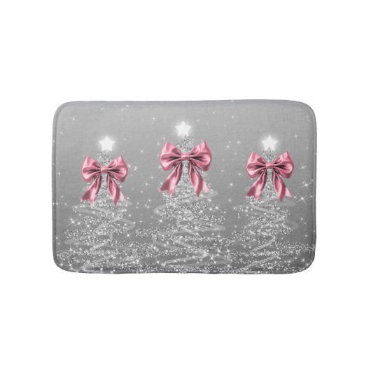 Christmas Sparkling Trees Silver Faux Pink Bow Badmat (Voorkant)