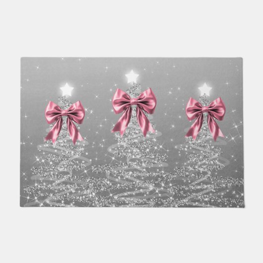 Christmas Sparkling Trees Silver Faux Pink Bow Deurmat (Voorkant)