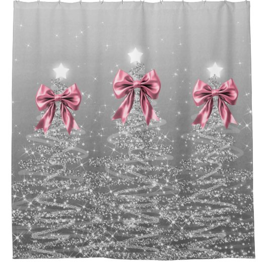 Christmas Sparkling Trees Silver Faux Pink Bow Douchegordijn (Voorkant)