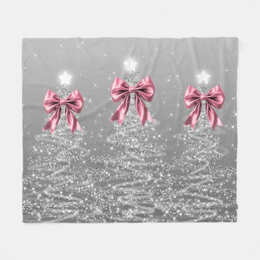 Christmas Sparkling Trees Silver Faux Pink Bow Fleece Deken (Voorkant (Horizontaal))