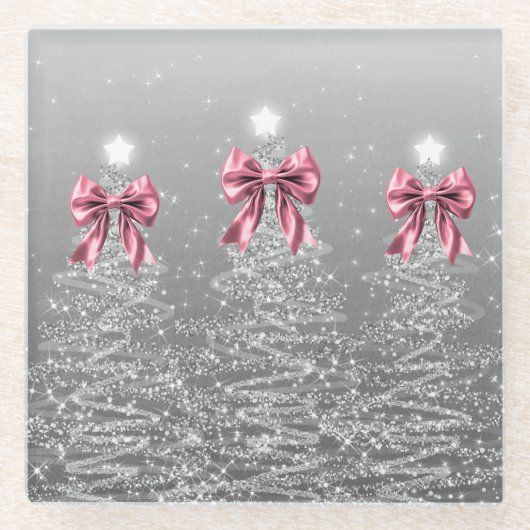 Christmas Sparkling Trees Silver Faux Pink Bow Glazen Onderzetter (Voorkant)