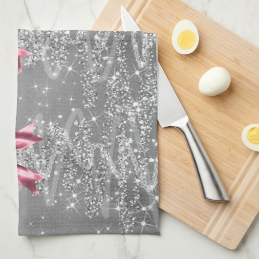 Christmas Sparkling Trees Silver Faux Pink Bow Theedoek (Quarter Fold)