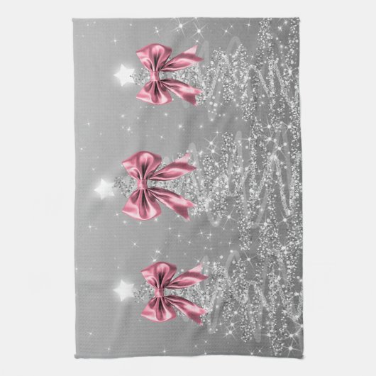 Christmas Sparkling Trees Silver Faux Pink Bow Theedoek (Verticaal)
