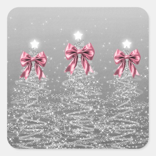 Christmas Sparkling Trees Silver Faux Pink Bow Vierkante Sticker (Voorkant)
