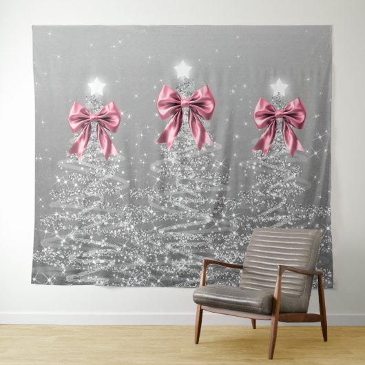 Christmas Sparkling Trees Silver Faux Pink Bow  Wandkleed (In Situ (horizontaal))