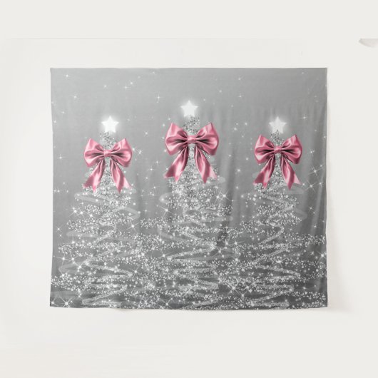 Christmas Sparkling Trees Silver Faux Pink Bow  Wandkleed (Voorkant (horizontaal))